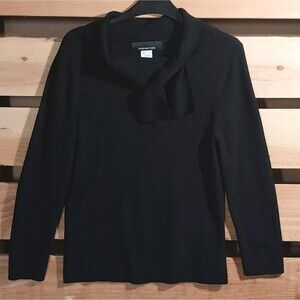 Vtg Jones New York Large Stretch Knit Women Sweater Slim Blouse Tie Neck Black